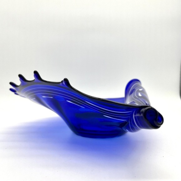 Makora Krosno Cobalt Blue Art Glass Bowl Centerpiece Modern Decor‎ Conch Shell